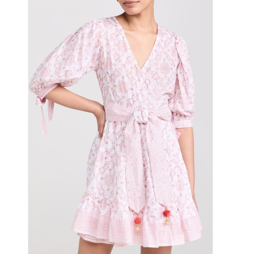 Bell by Alicia Bell Lucy Pink Gold Motif White Puff Sleeves Wrap Mini Dress XS - Picture 1 of 16